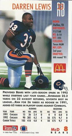 1993 GameDay McDonald's Chicago Bears #8 Darren Lewis Back