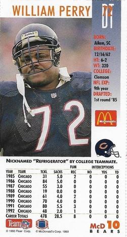1993 GameDay McDonald's Chicago Bears #10 William Perry Back