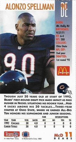 1993 GameDay McDonald's Chicago Bears #11 Alonzo Spellman Back