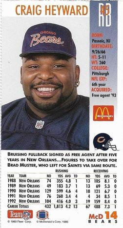 1993 GameDay McDonald's Chicago Bears #14 Craig Heyward Back