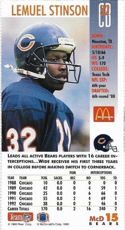 1993 GameDay McDonald's Chicago Bears #15 Lemuel Stinson Back