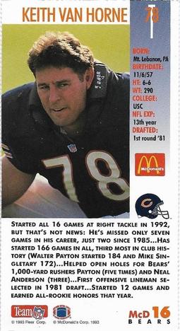 1993 GameDay McDonald's Chicago Bears #16 Keith Van Horne Back