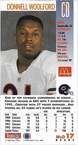 1993 GameDay McDonald's Chicago Bears #17 Donnell Woolford Back