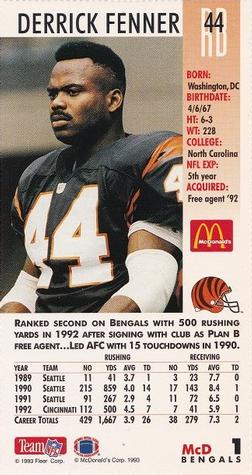 1993 GameDay McDonald's Cincinnati Bengals #1 Derrick Fenner Back