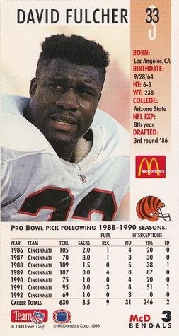 1993 GameDay McDonald's Cincinnati Bengals #3 David Fulcher Back