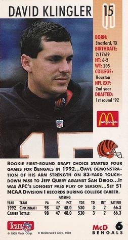 1993 GameDay McDonald's Cincinnati Bengals #6 David Klingler Back