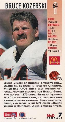 1993 GameDay McDonald's Cincinnati Bengals #7 Bruce Kozerski Back
