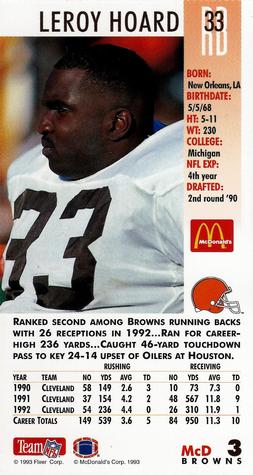 1993 GameDay McDonald's Cleveland Browns #3 Leroy Hoard Back