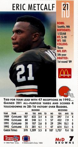 1993 GameDay McDonald's Cleveland Browns #7 Eric Metcalf Back