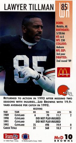 1993 GameDay McDonald's Cleveland Browns #10 Lawyer Tillman Back