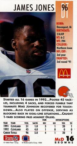 1993 GameDay McDonald's Cleveland Browns #16 James Jones Back