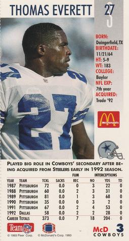 1993 GameDay McDonald's Dallas Cowboys #3 Thomas Everett Back