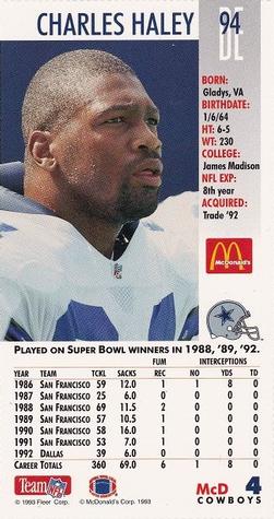 1993 GameDay McDonald's Dallas Cowboys #4 Charles Haley Back