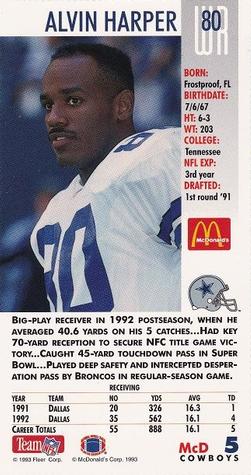 1993 GameDay McDonald's Dallas Cowboys #5 Alvin Harper Back