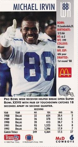 1993 GameDay McDonald's Dallas Cowboys #6 Michael Irvin Back