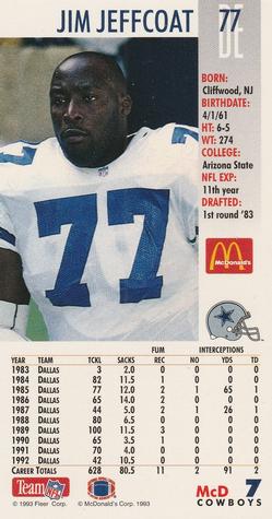 1993 GameDay McDonald's Dallas Cowboys #7 Jim Jeffcoat Back