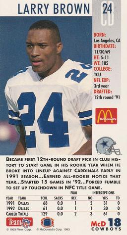 1993 GameDay McDonald's Dallas Cowboys #18 Larry Brown Back