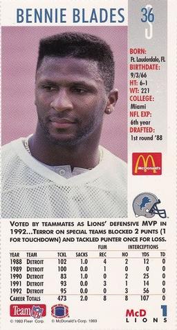 1993 GameDay McDonald's Detroit Lions #1 Bennie Blades Back