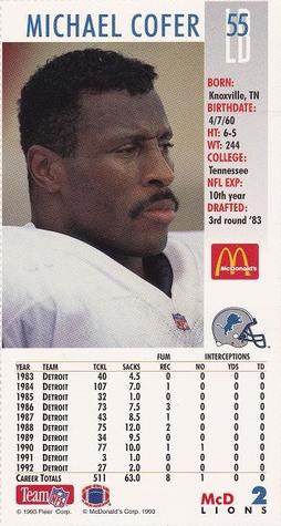 1993 GameDay McDonald's Detroit Lions #2 Michael Cofer Back