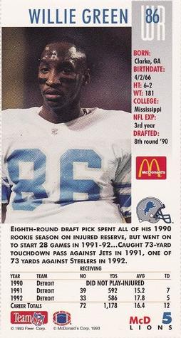 1993 GameDay McDonald's Detroit Lions #5 Willie Green Back