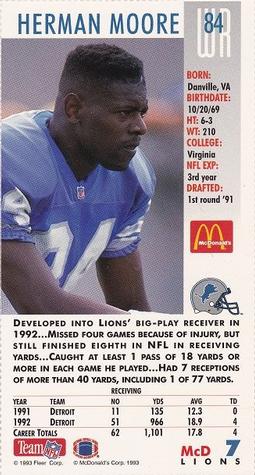 1993 GameDay McDonald's Detroit Lions #7 Herman Moore Back