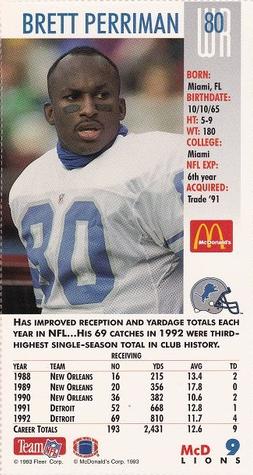 1993 GameDay McDonald's Detroit Lions #9 Brett Perriman Back