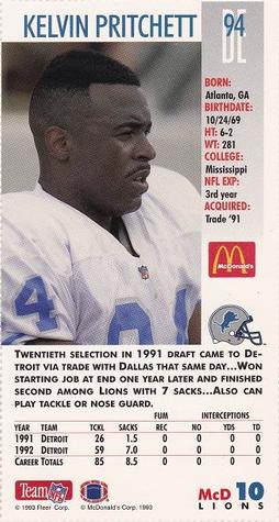 1993 GameDay McDonald's Detroit Lions #10 Kelvin Pritchett Back