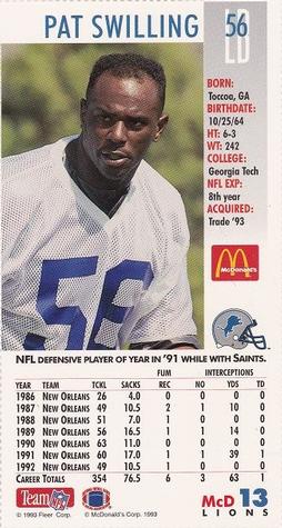 1993 GameDay McDonald's Detroit Lions #13 Pat Swilling Back
