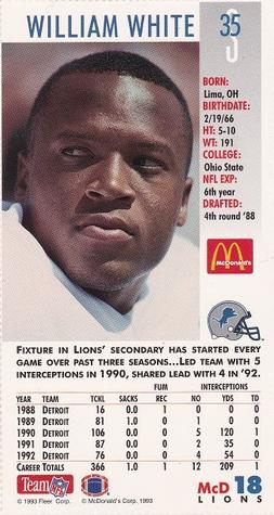 1993 GameDay McDonald's Detroit Lions #18 William White Back