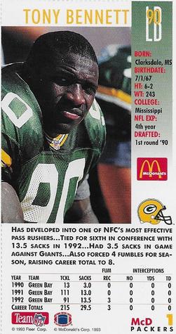 1993 GameDay McDonald's Green Bay Packers #1 Tony Bennett Back