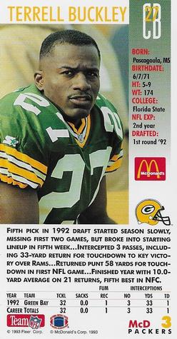 1993 GameDay McDonald's Green Bay Packers #3 Terrell Buckley Back