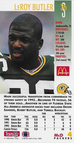 1993 GameDay McDonald's Green Bay Packers #4 LeRoy Butler Back