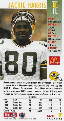 1993 GameDay McDonald's Green Bay Packers #7 Jackie Harris Back