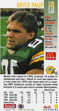 1993 GameDay McDonald's Green Bay Packers #9 Bryce Paup Back