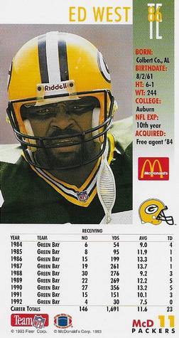 1993 GameDay McDonald's Green Bay Packers #11 Ed West Back