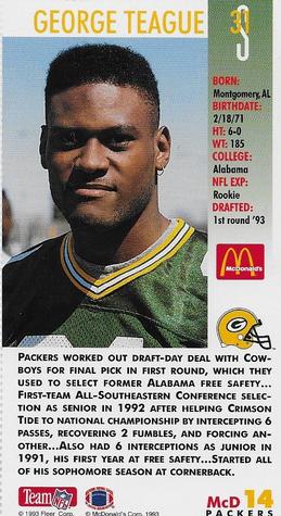 1993 GameDay McDonald's Green Bay Packers #14 George Teague Back