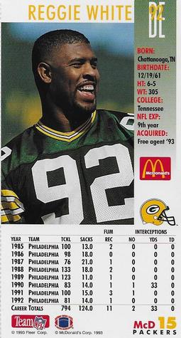 1993 GameDay McDonald's Green Bay Packers #15 Reggie White Back