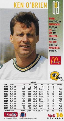 1993 GameDay McDonald's Green Bay Packers #16 Ken O'Brien Back