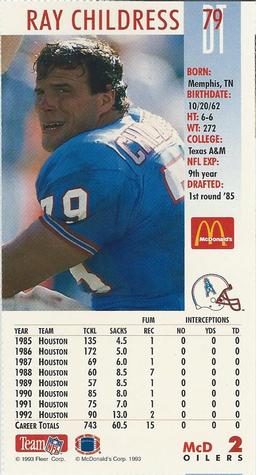 1993 GameDay McDonald's Houston Oilers #2 Ray Childress Back