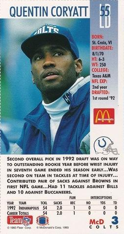 1993 GameDay McDonald's Indianapolis Colts #3 Quentin Coryatt Back