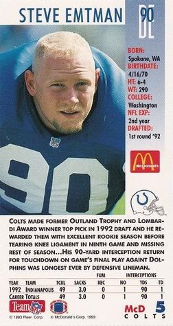1993 GameDay McDonald's Indianapolis Colts #5 Steve Emtman Back