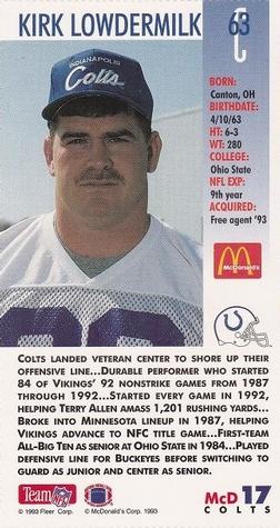 1993 GameDay McDonald's Indianapolis Colts #17 Kirk Lowdermilk Back