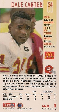 1993 GameDay McDonald's Kansas City Chiefs #1 Dale Carter Back