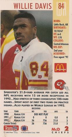 1993 GameDay McDonald's Kansas City Chiefs #2 Willie Davis Back