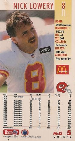 1993 GameDay McDonald's Kansas City Chiefs #5 Nick Lowery Back