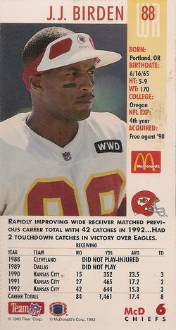 1993 GameDay McDonald's Kansas City Chiefs #6 J.J. Birden Back