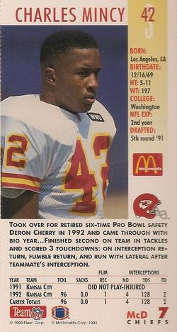 1993 GameDay McDonald's Kansas City Chiefs #7 Charles Mincy Back