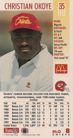 1993 GameDay McDonald's Kansas City Chiefs #8 Christian Okoye Back