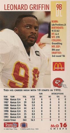 1993 GameDay McDonald's Kansas City Chiefs #16 Leonard Griffin Back
