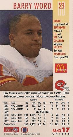 1993 GameDay McDonald's Kansas City Chiefs #17 Barry Word Back